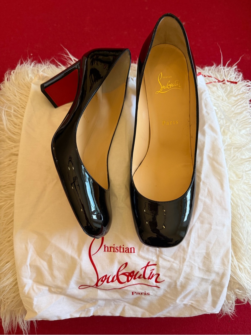 Christian Louboutin Black Patent Leather Mid Heel Pumps with Red Sole